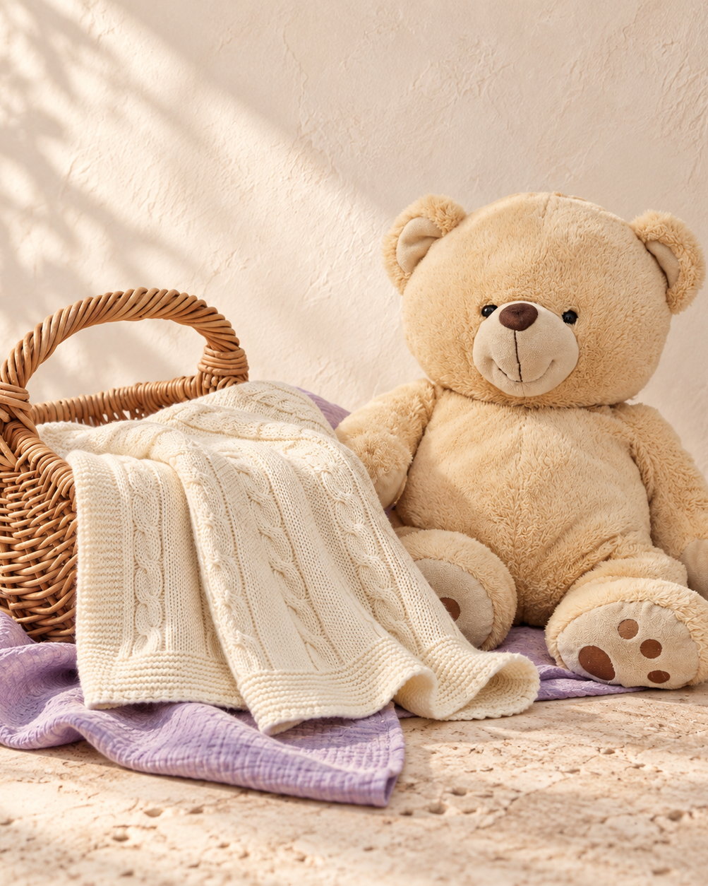 A teddy bear beside a wicker basket and a cream cable-knit baby blanket