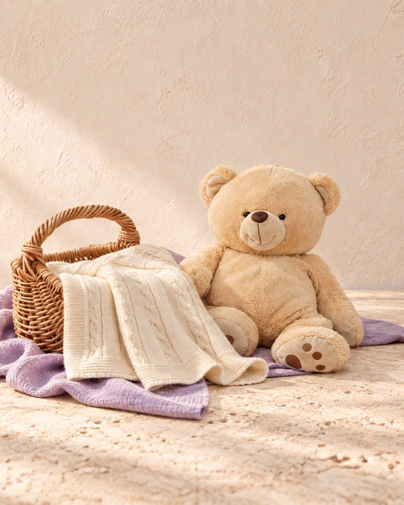 A teddy bear beside a wicker basket and a cream cable-knit baby blanket