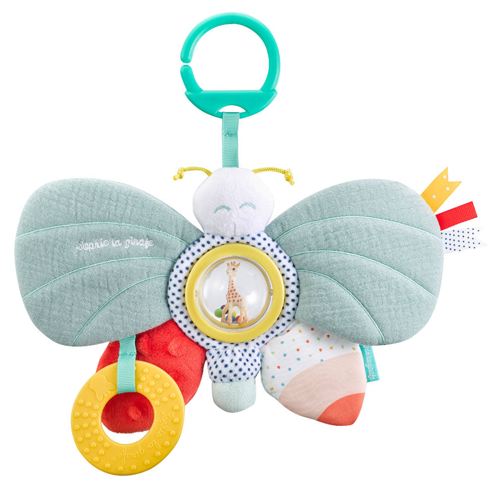 Sophie la girafe butterfly activity toy with a rattle window and a yellow teething ring, on a clip