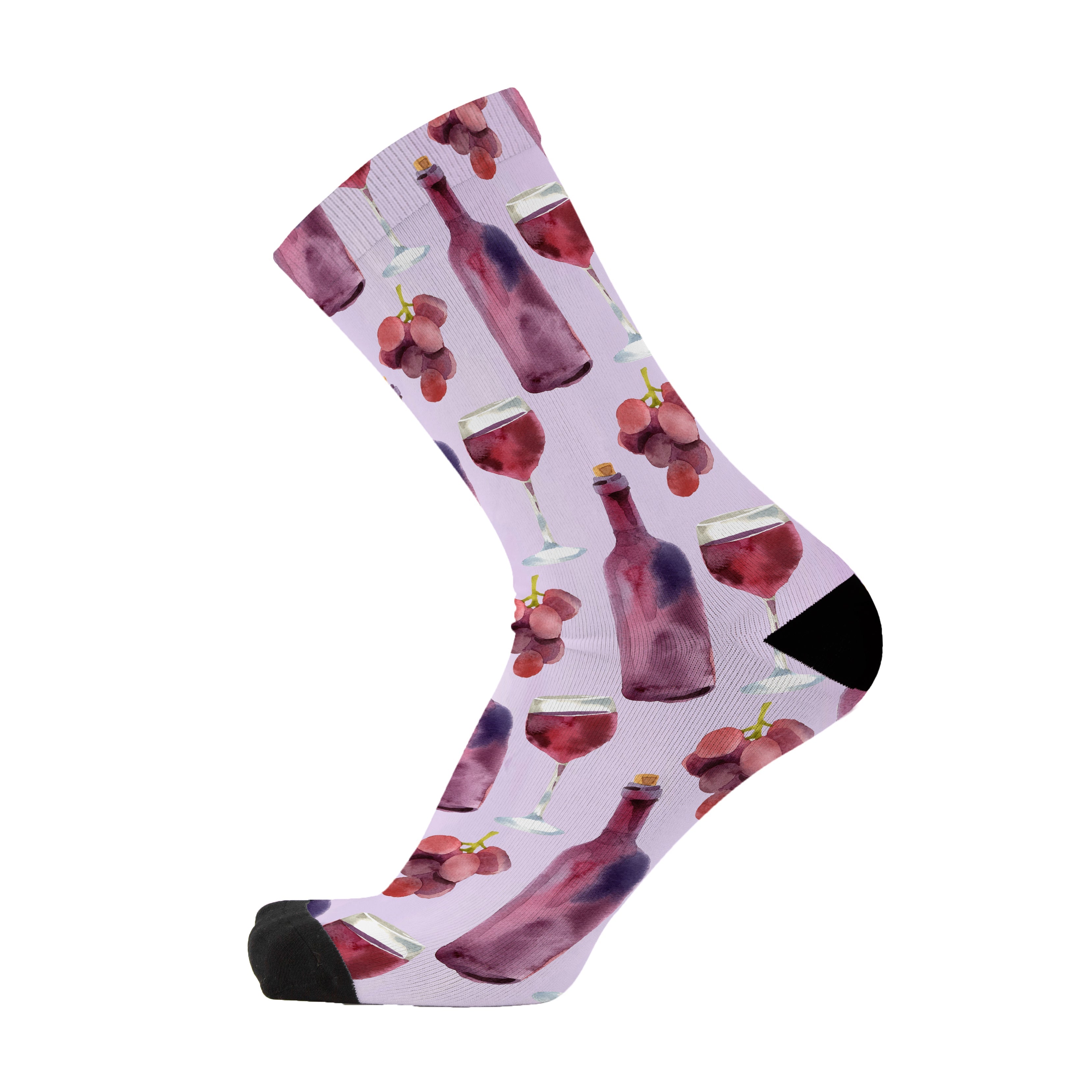 Single blush pink crew sock with a black toe, printed with wine bottles, filled glasses and bunches of grapes.