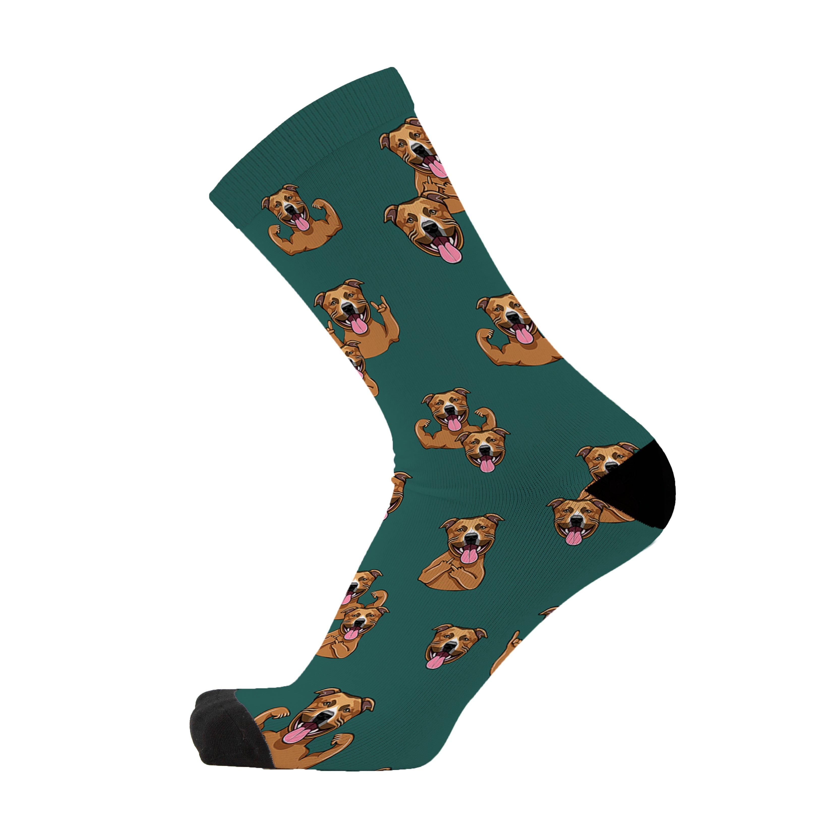 Single deep forest green crew sock with a black toe, printed with tan boxer dogs.