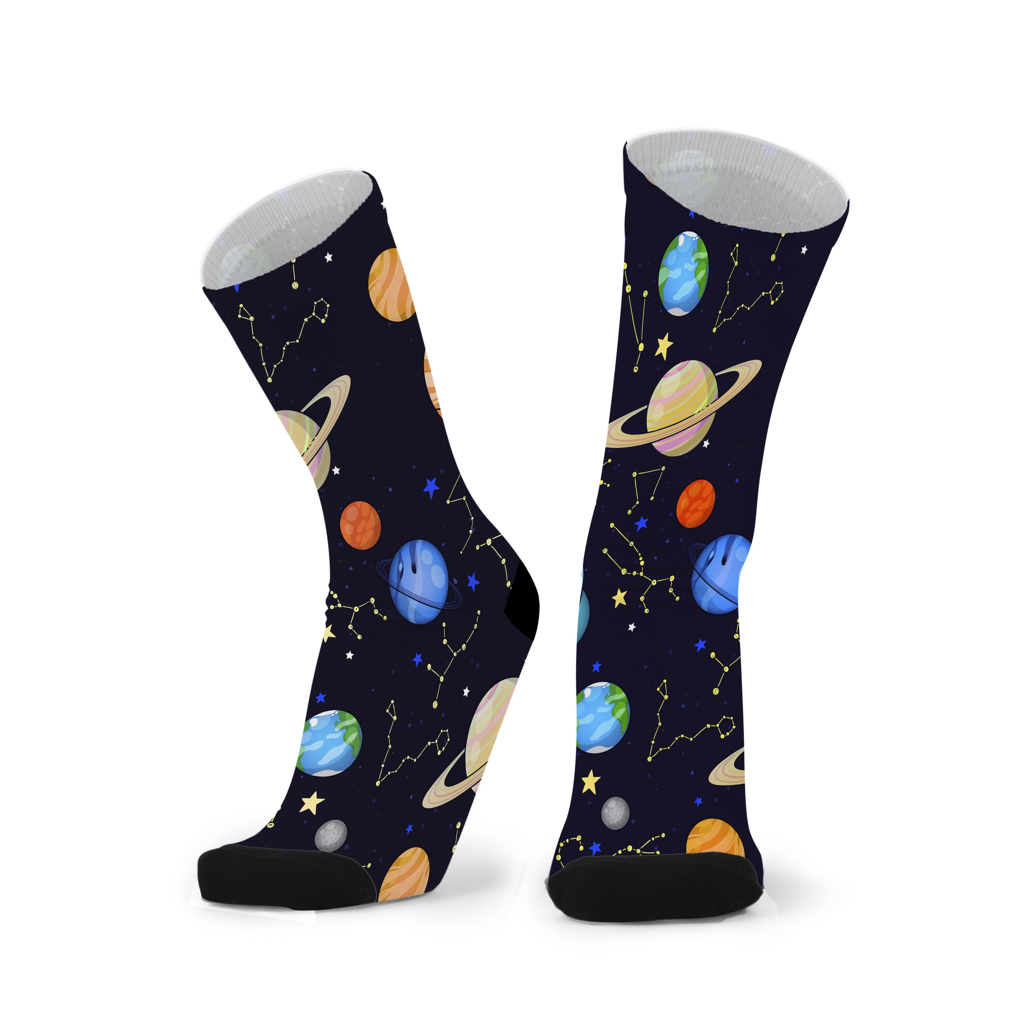 Pair of black socks printed with planets, stars and constellation lines in blue, orange and white.