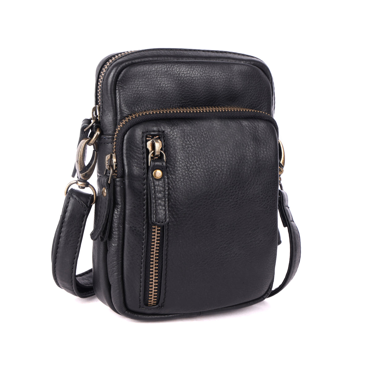 Black cross body bag angled to show the side and the strap clip