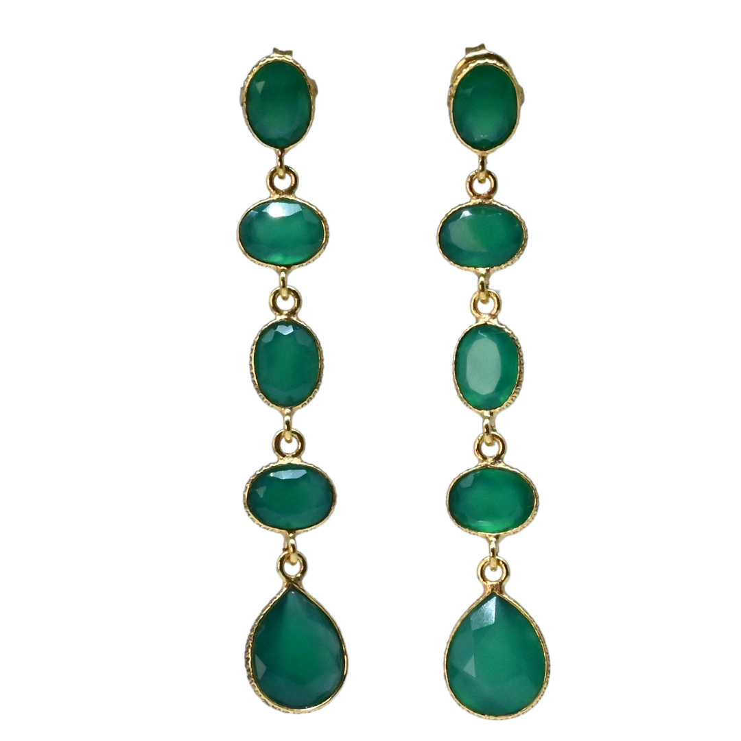 Euro Gold long drop earrings with linked green onyx-style gems and teardrop