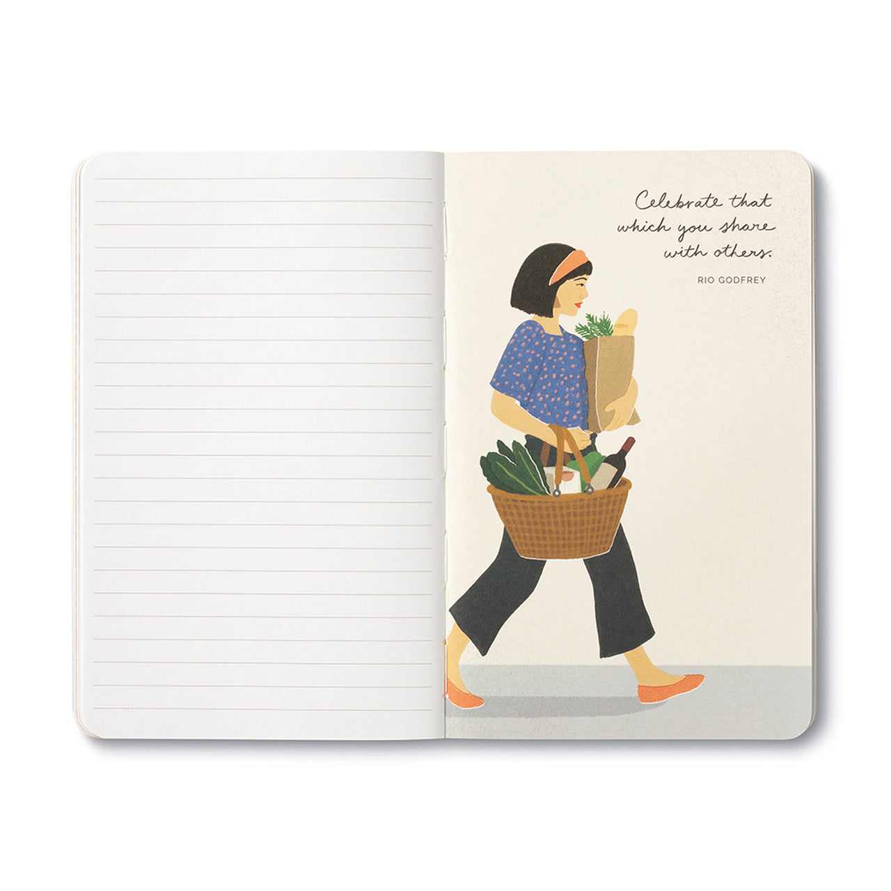 Open journal with lined pages beside an illustration of a woman carrying a basket of groceries