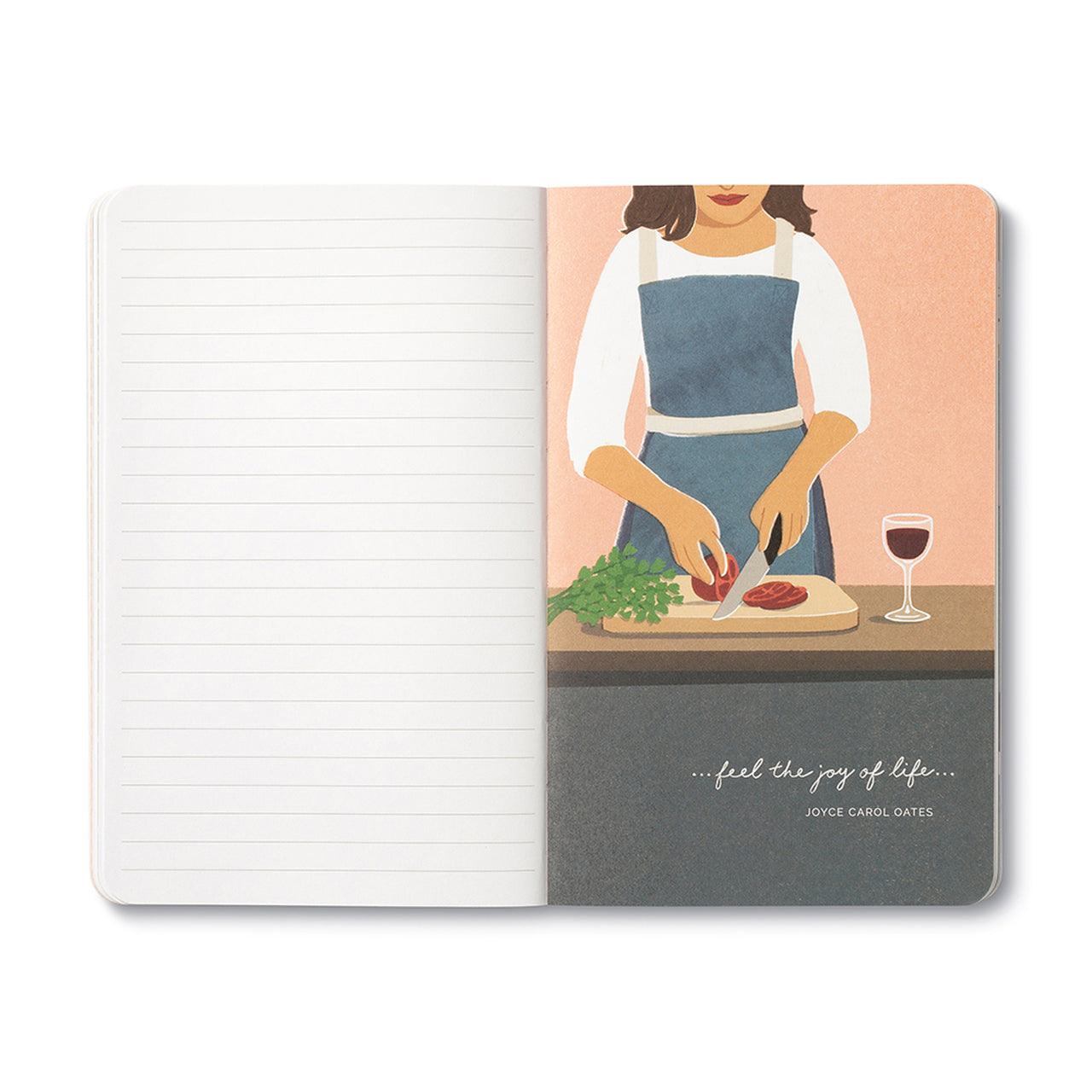 Open journal with lined pages beside an illustration of a woman chopping vegetables next to a glass of wine