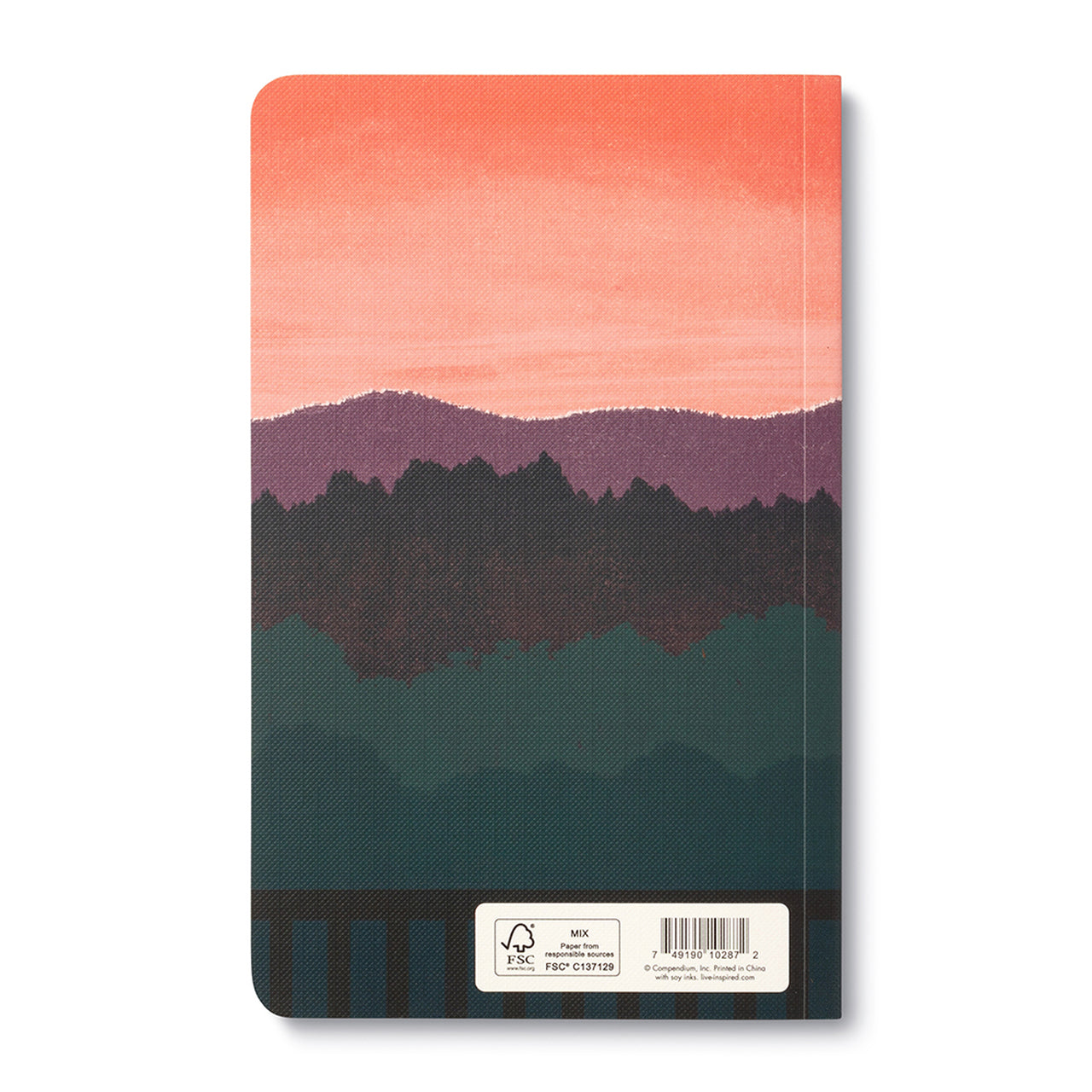 Back cover with the coral sunset over layered hills and the barcode panel