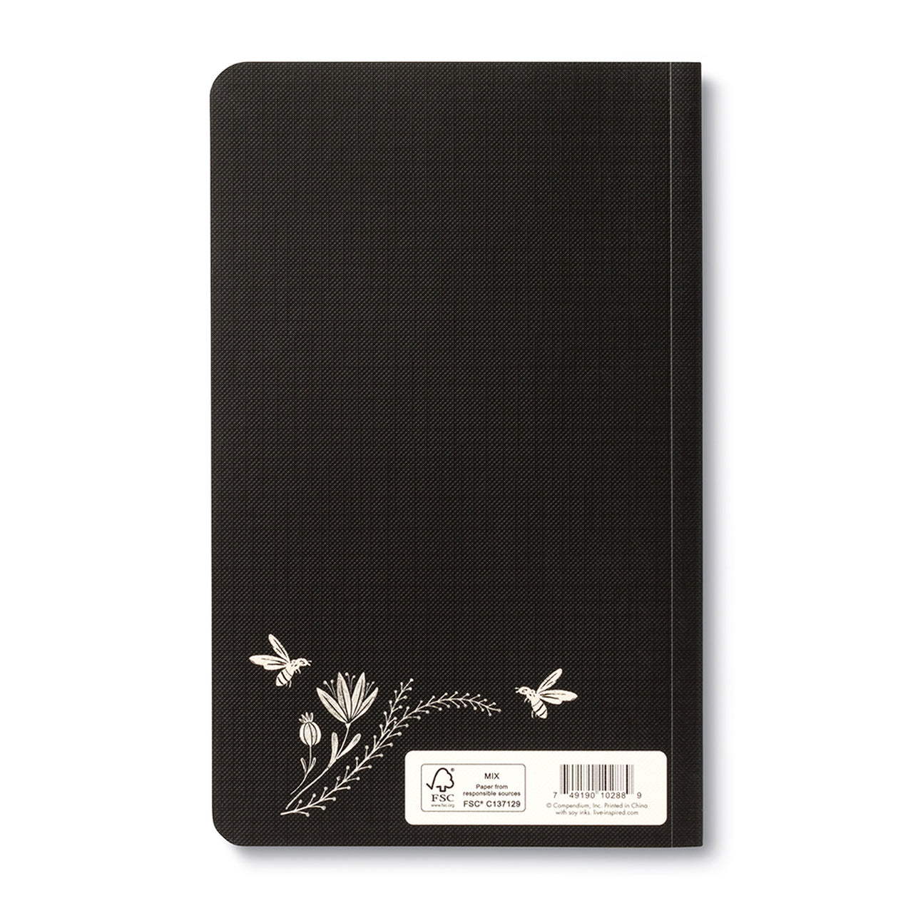 Black back cover with small white bees and flowers above the barcode panel