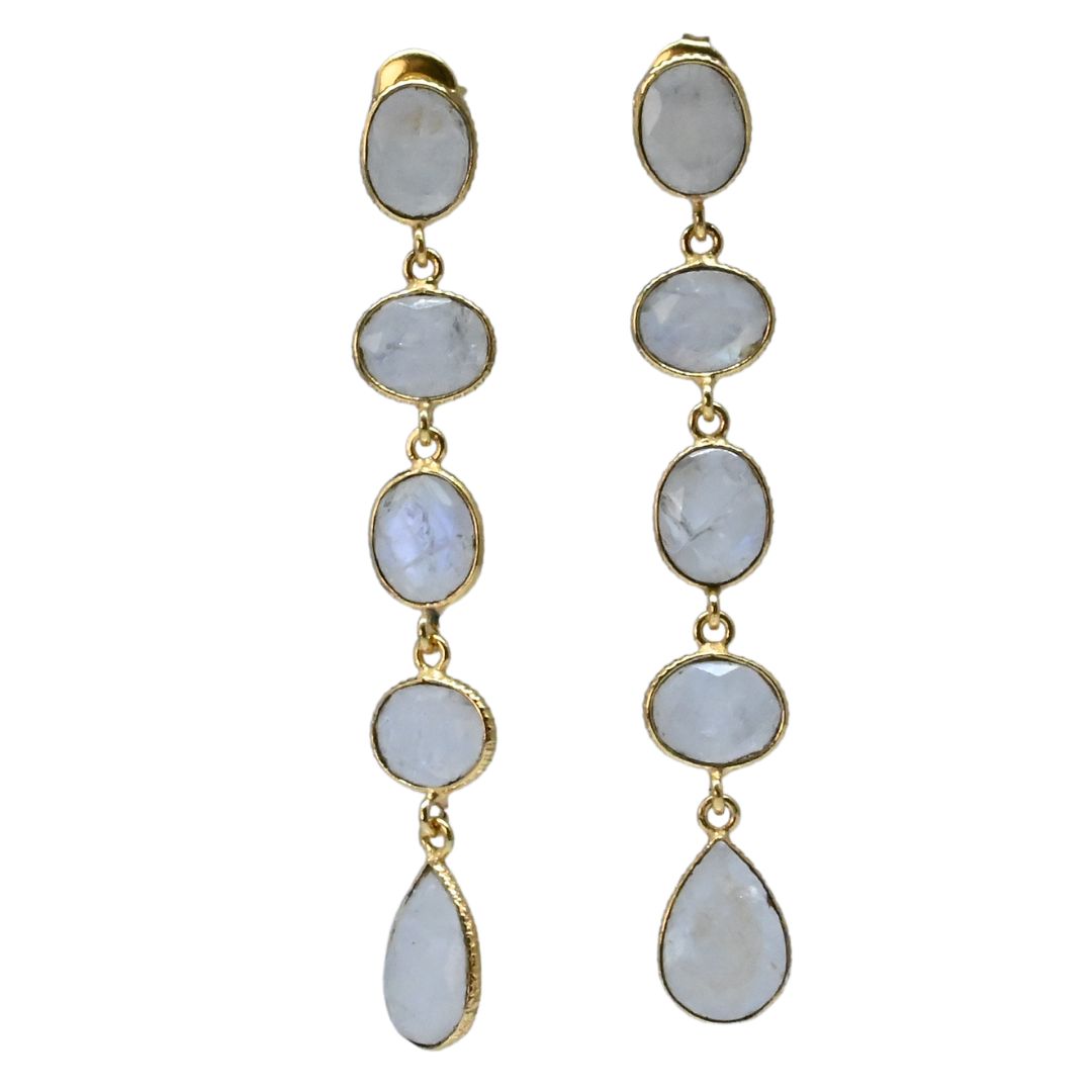 Euro Gold long drop earrings with five linked white moonstone gems