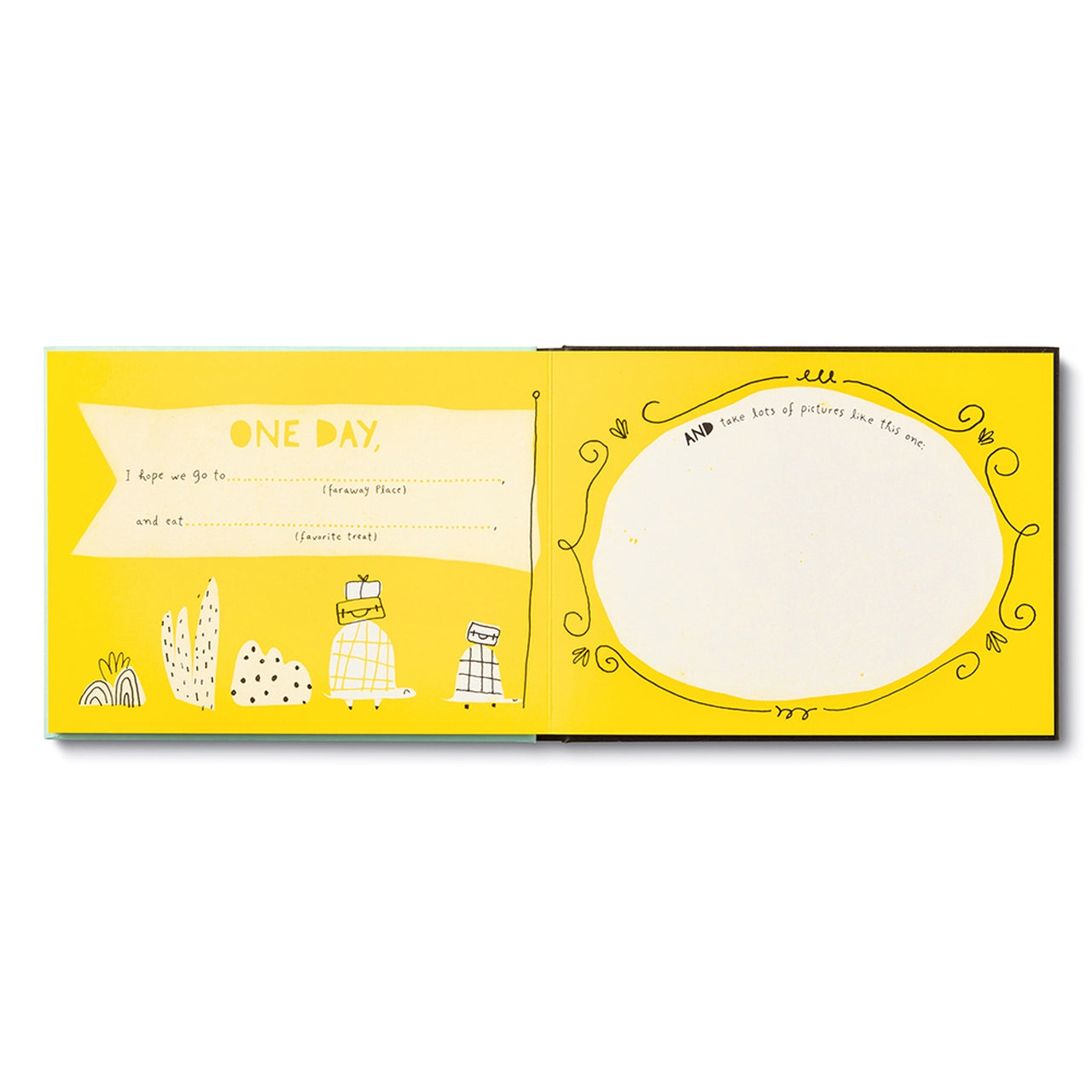 Yellow fill-in spread with a One Day prompt and an empty oval frame for a drawing