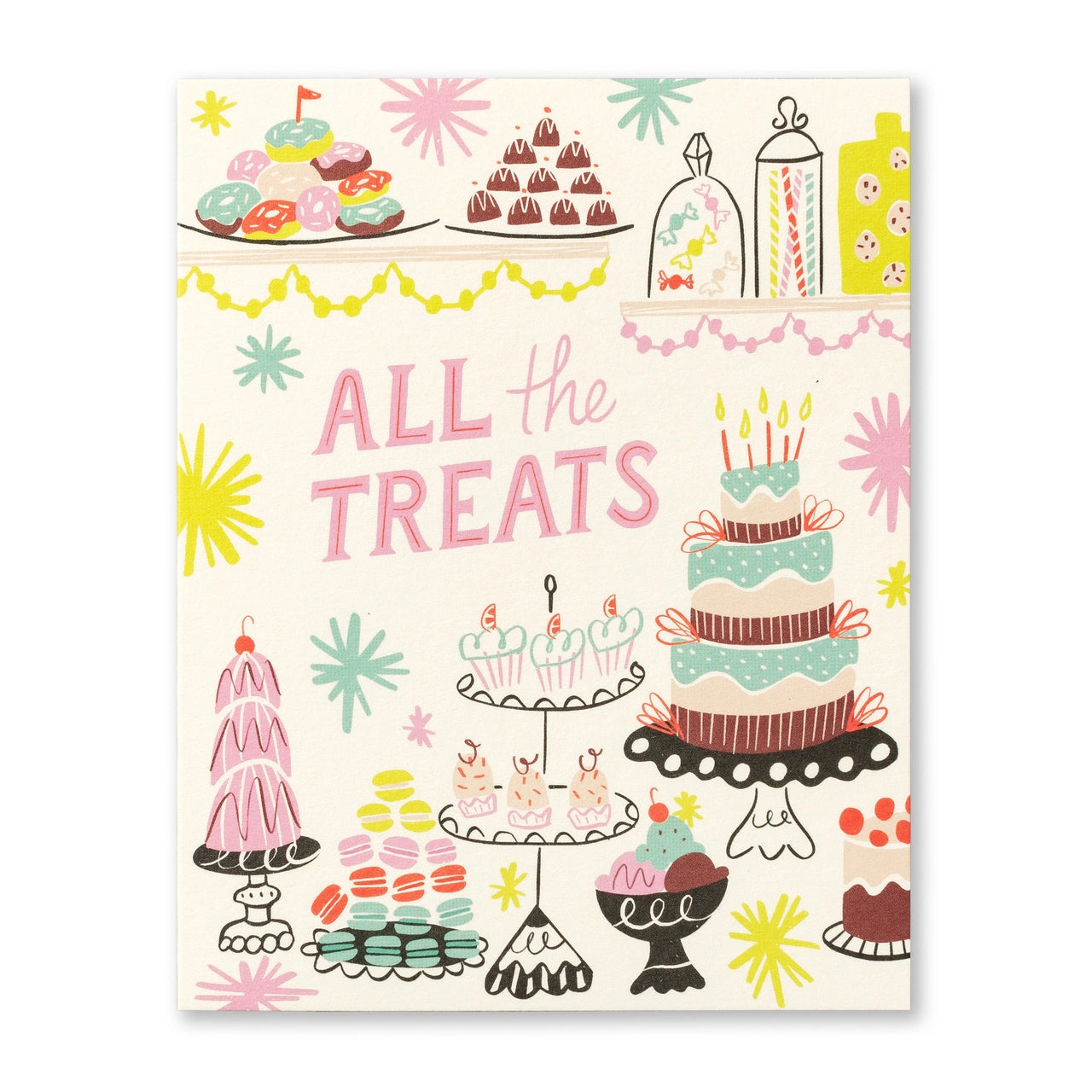 All the Treats birthday card with pastel illustrated cakes, doughnuts, macarons and sweets on cream