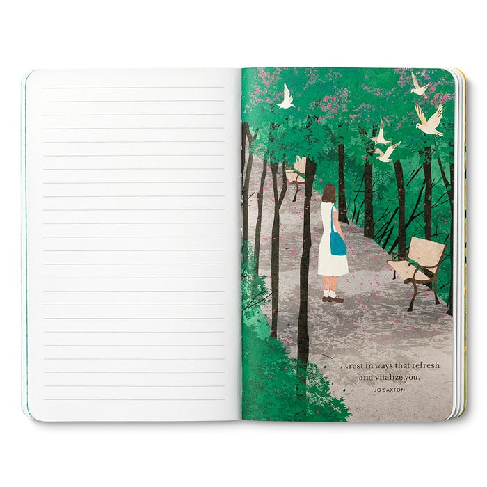 Open journal with lined pages and a breakout page of a walker under green trees with white birds