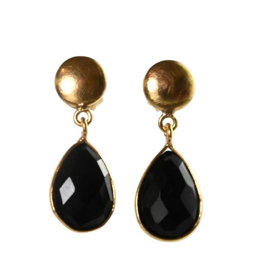 Euro Gold stud drop earrings with faceted black onyx teardrops