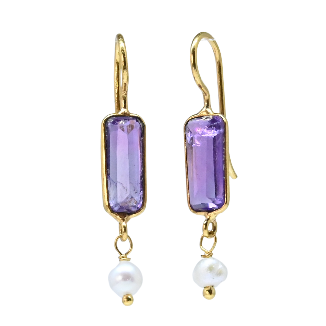 Euro Gold earrings with rich purple amethyst bars and freshwater pearl drops, on white background