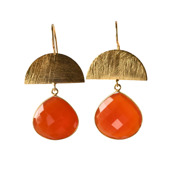 Brushed gold half-moon earrings with large faceted orange carnelian drops