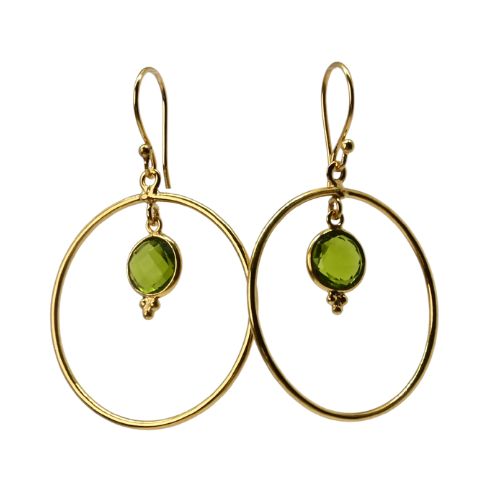 Euro Gold hoop earrings with peridot-green gem drops inside the hoops
