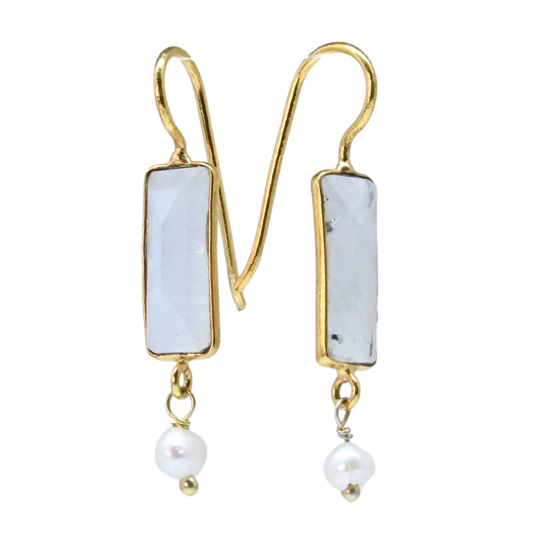 Euro Gold earrings with pale moonstone bars and freshwater pearl drops, on white background