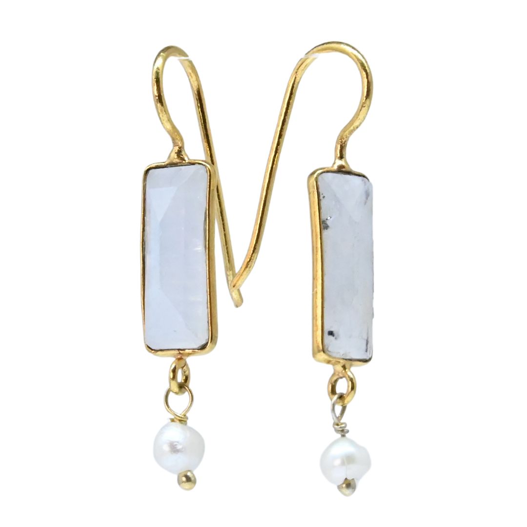 Euro Gold earrings with moonstone bars and freshwater pearl drops