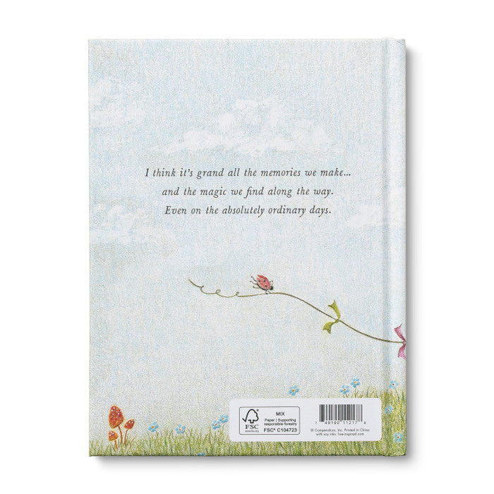 Back cover in pale blue with a kite and a closing verse about ordinary days