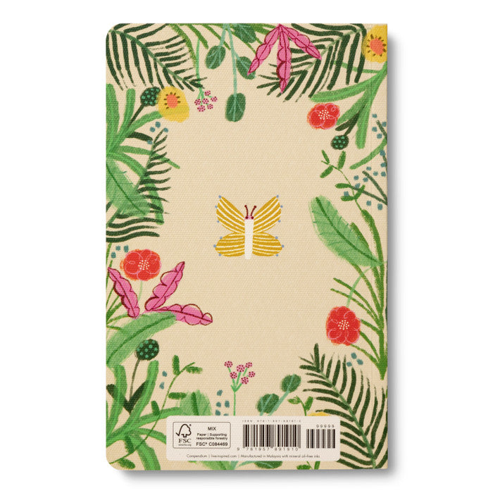 Back cover framed in jungle leaves with a small gold butterfly