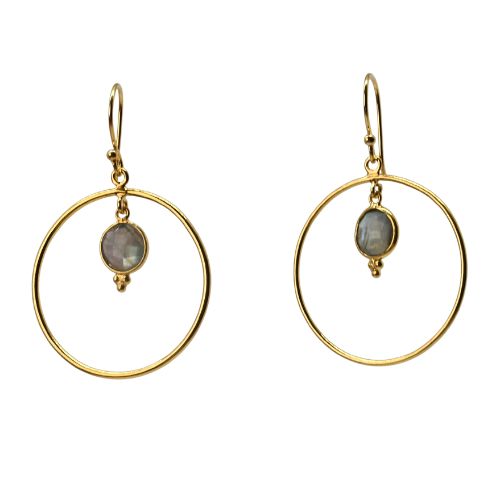 Euro Gold hoop earrings with small grey labradorite-style gem drops