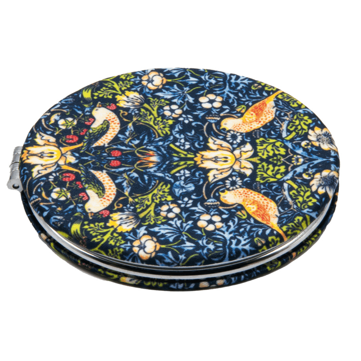Folding pocket mirror covered in William Morris's Strawberry Thief, birds among strawberries on dark blue.