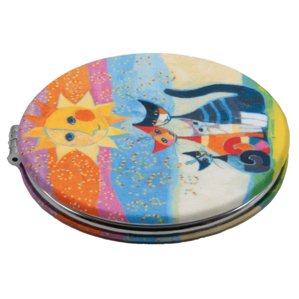 Folding pocket mirror with Rosina Wachtmeister's Momenti di Felicità: cats beneath a smiling sun.