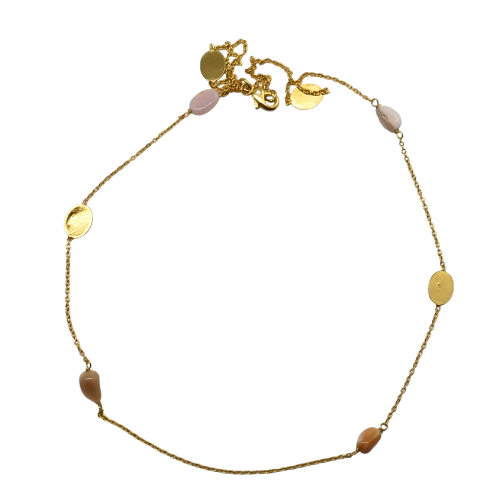 Fine gold chain necklace with pink and taupe opal stones and brushed gold ovals, laid in a circle