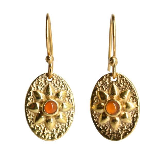 Textured gold oval drop earrings with a flower motif and an orange carnelian centre