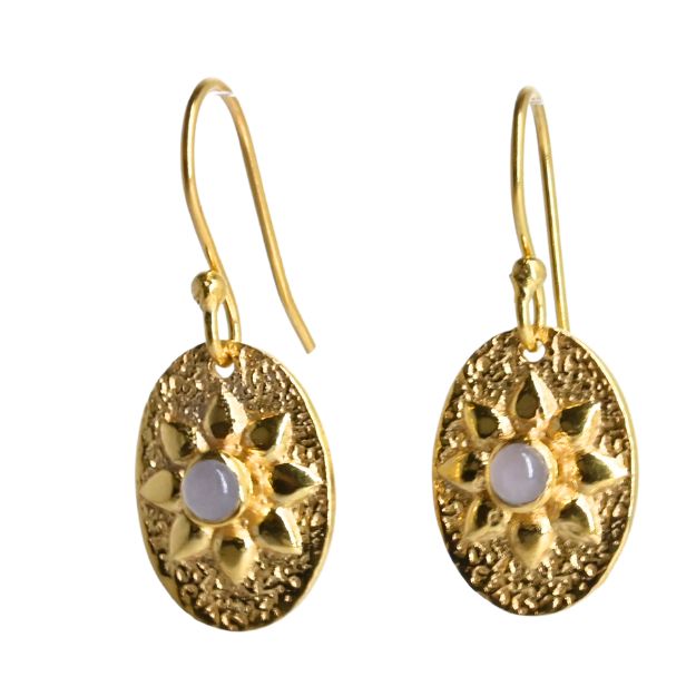Textured gold oval drop earrings with a flower motif and a pale lavender moonstone centre