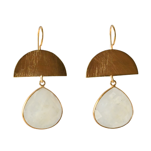 Brushed gold half-moon earrings with large faceted milky white moonstone drops