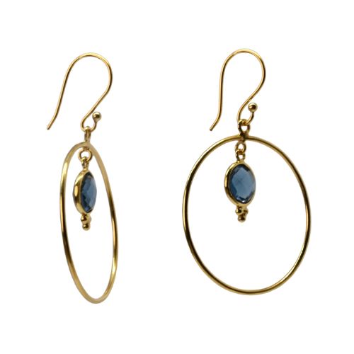 Euro Gold hoops with London-blue gems, one shown side-on