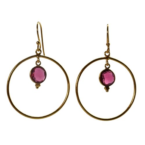 Euro Gold hoop earrings with a round cherry quartz gem hanging inside each hoop