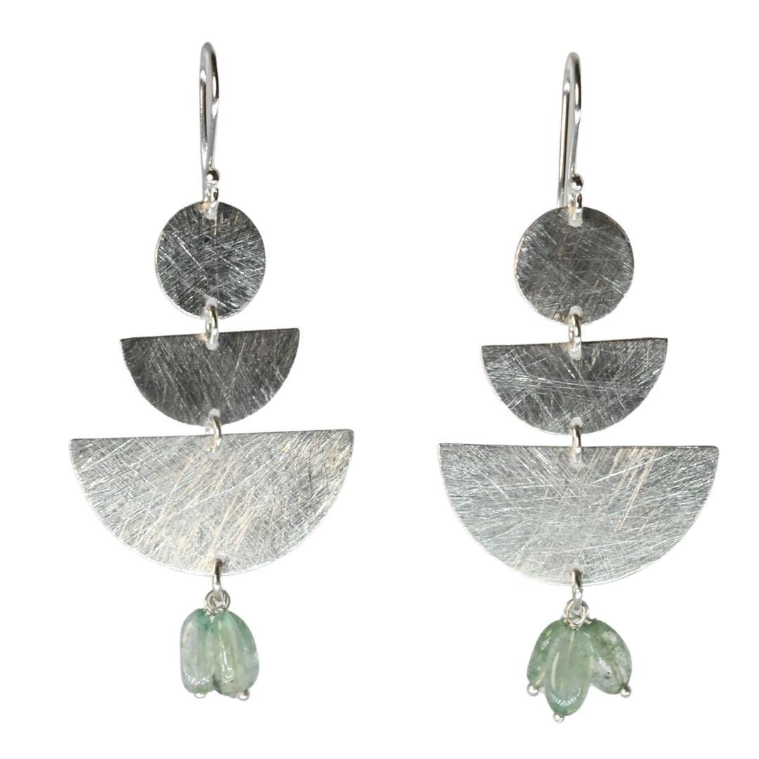 Euro Silver fan drop earrings with soft green gemstone chips