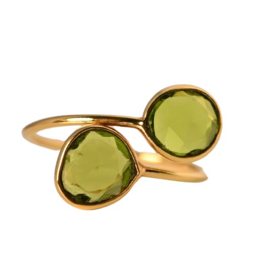 Euro Gold open cuff ring with a round and a pear-shaped olive-green peridot gem