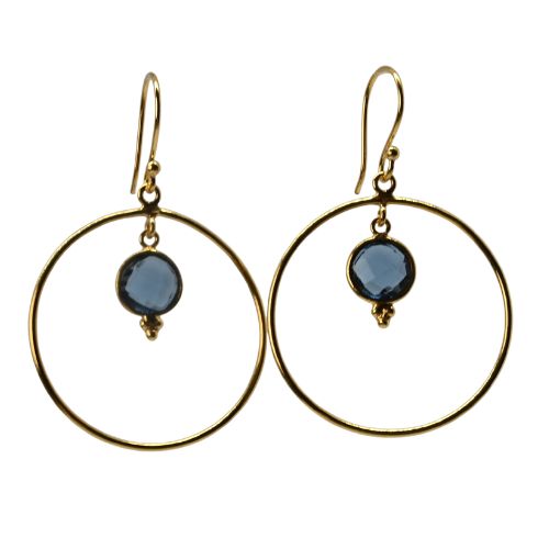 Euro Gold hoop earrings with London-blue round gem hanging inside the hoop