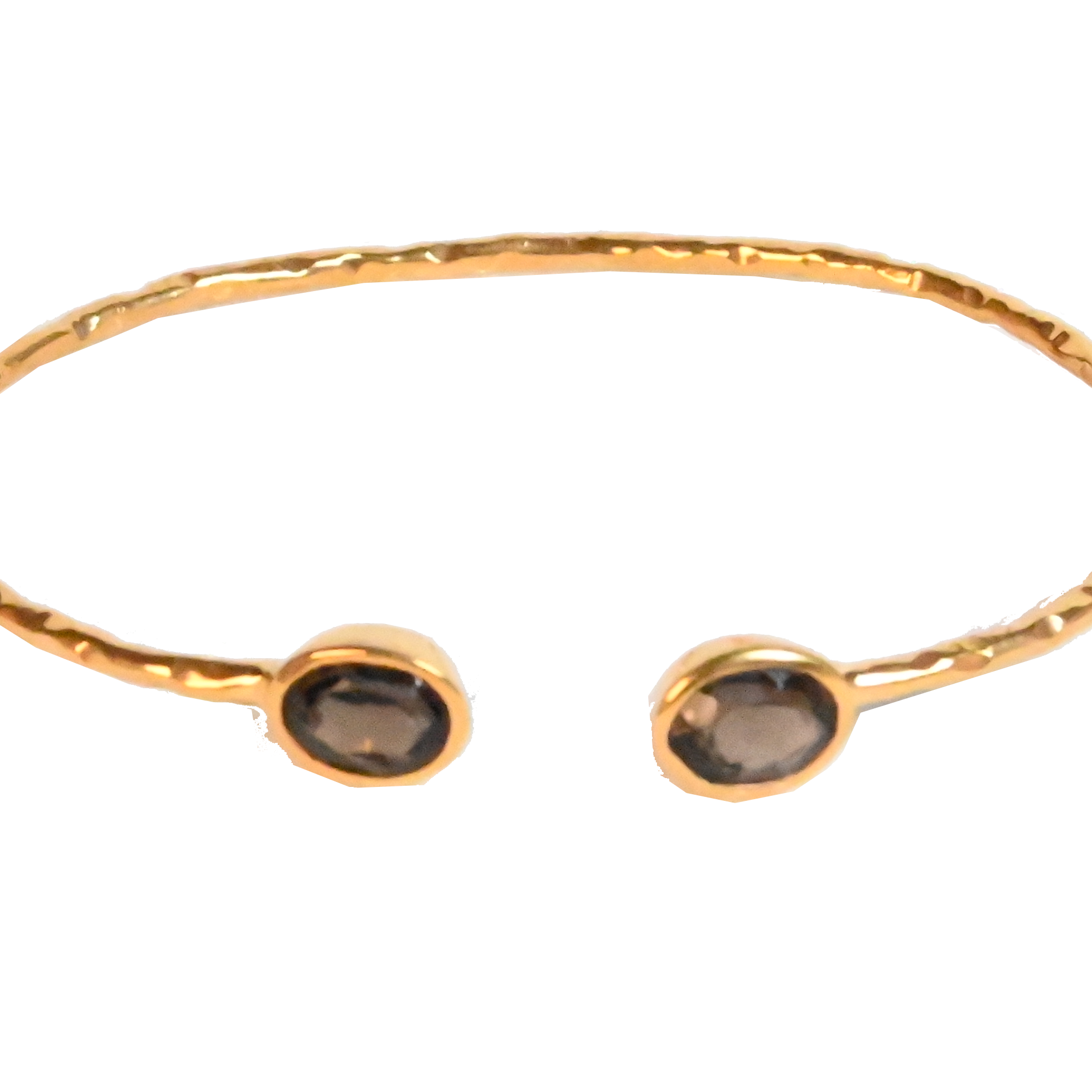Euro Gold cuff bangle with two smoky brown gems on black background