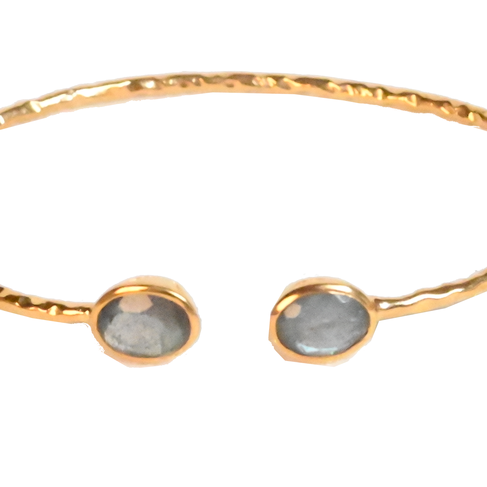 Euro Gold cuff bangle with two pale grey gems on black background