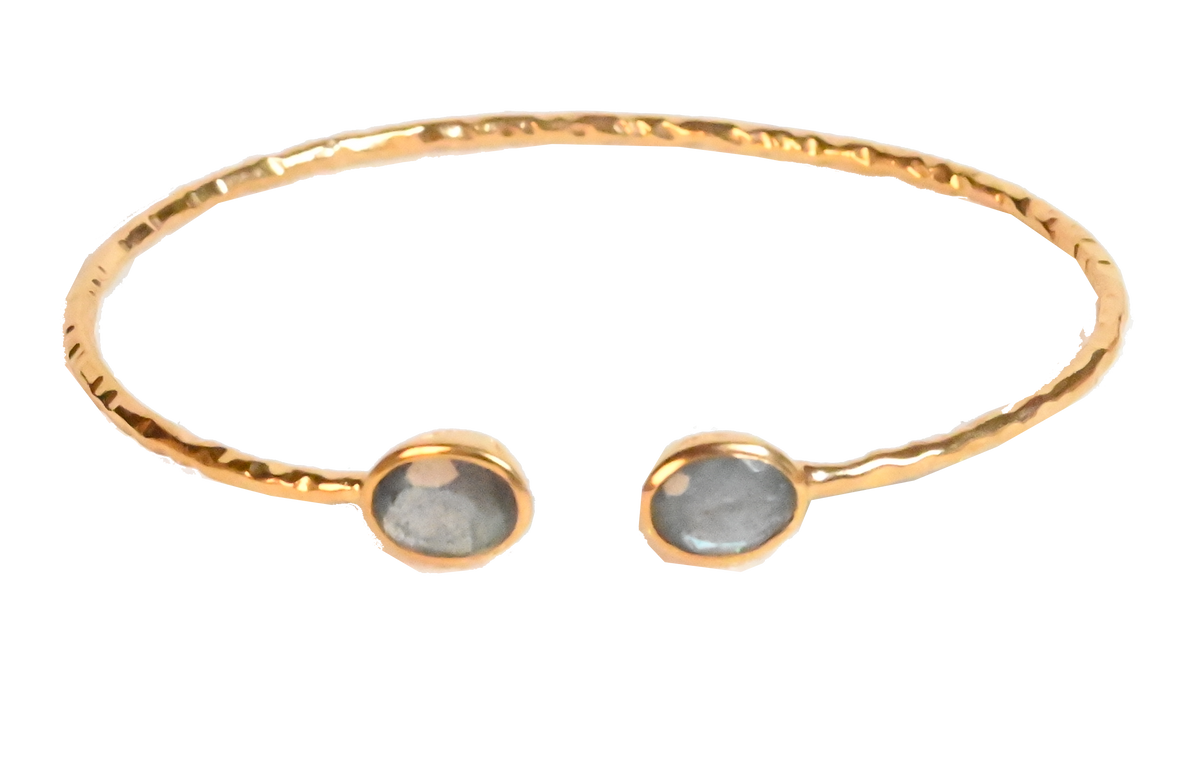 Euro Gold cuff bangle with two pale grey gems on black background