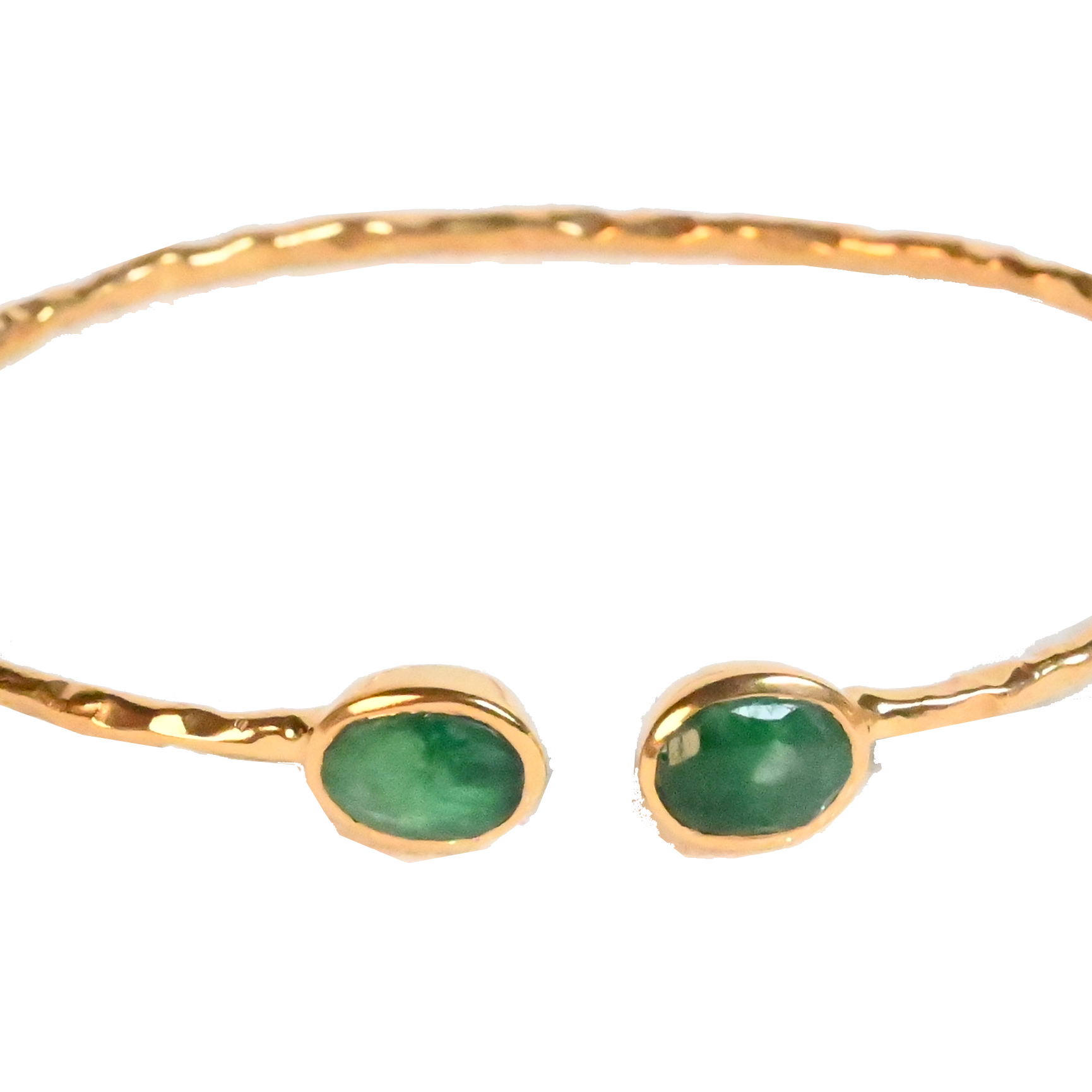 Euro Gold cuff bangle with two emerald-green gems on black background