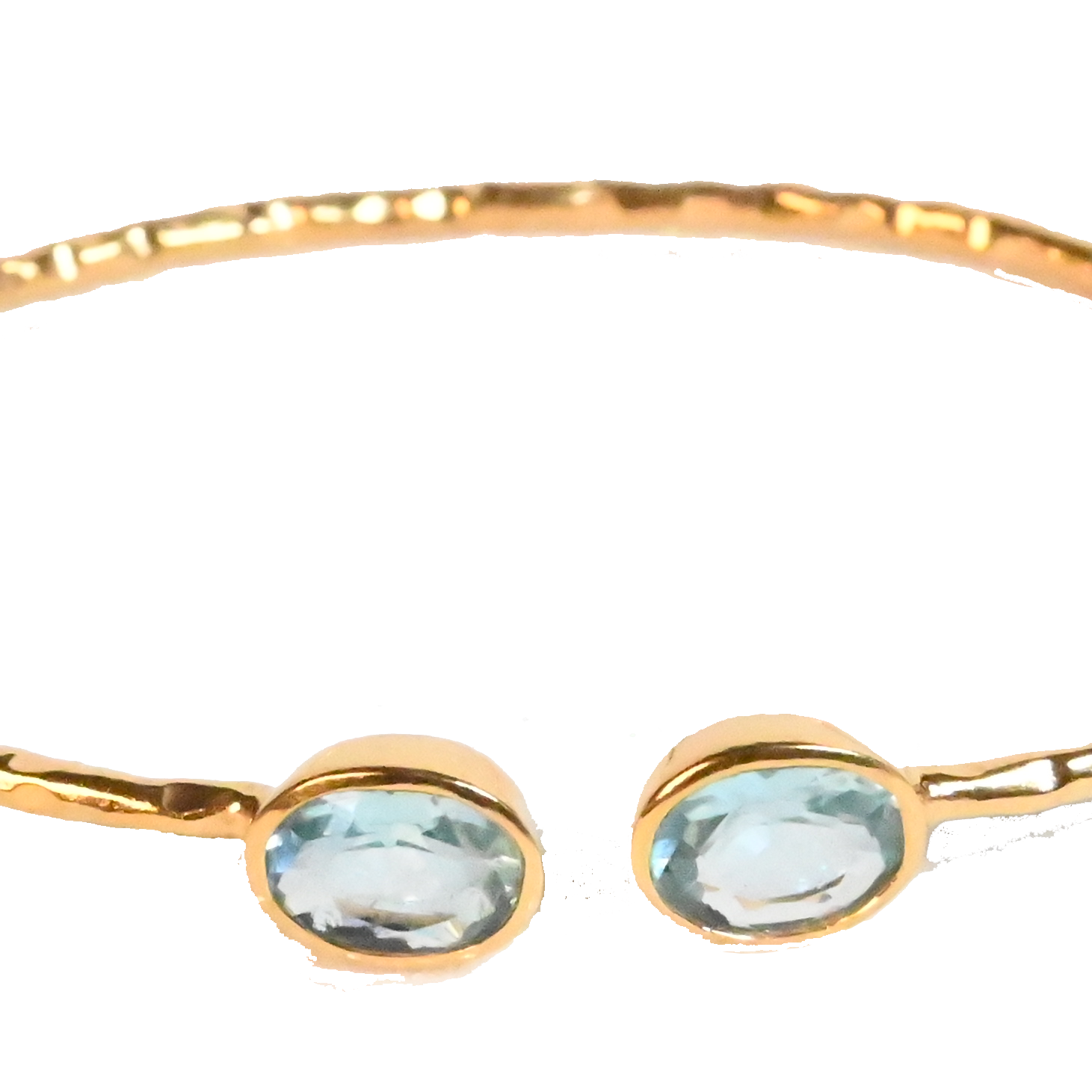 Euro Gold cuff bangle with two aqua-blue gems, hammered finish
