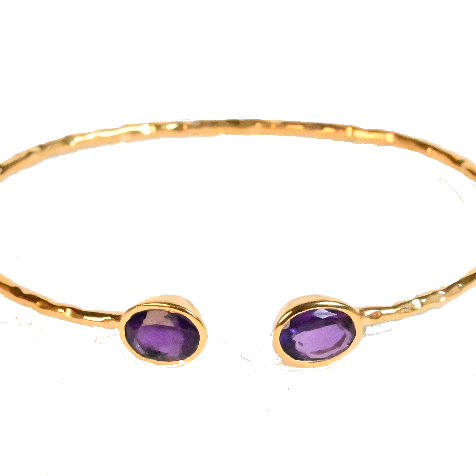 Euro Gold cuff bangle with two amethyst-purple gems on black background