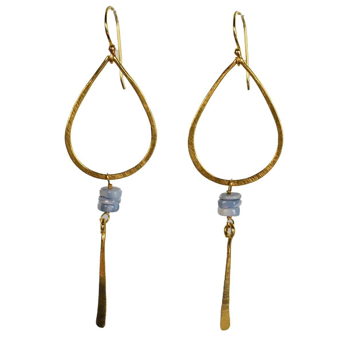 Gold teardrop hoop earrings with periwinkle-blue beads and a hammered blade drop
