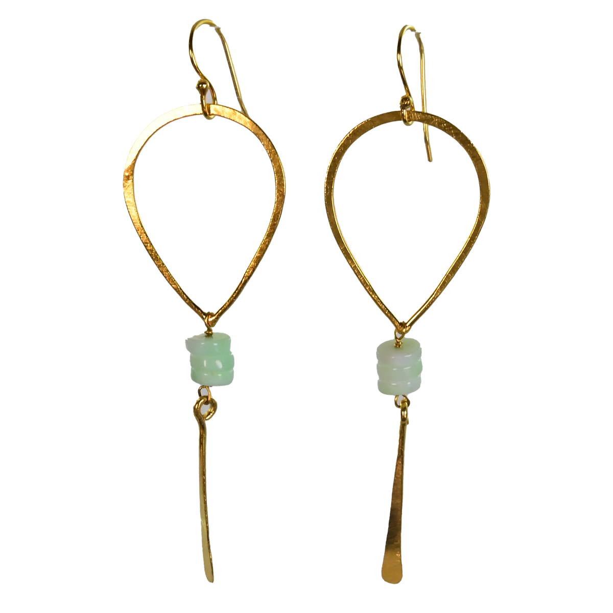Gold teardrop hoop earrings with pale mint-green beads and a hammered blade drop