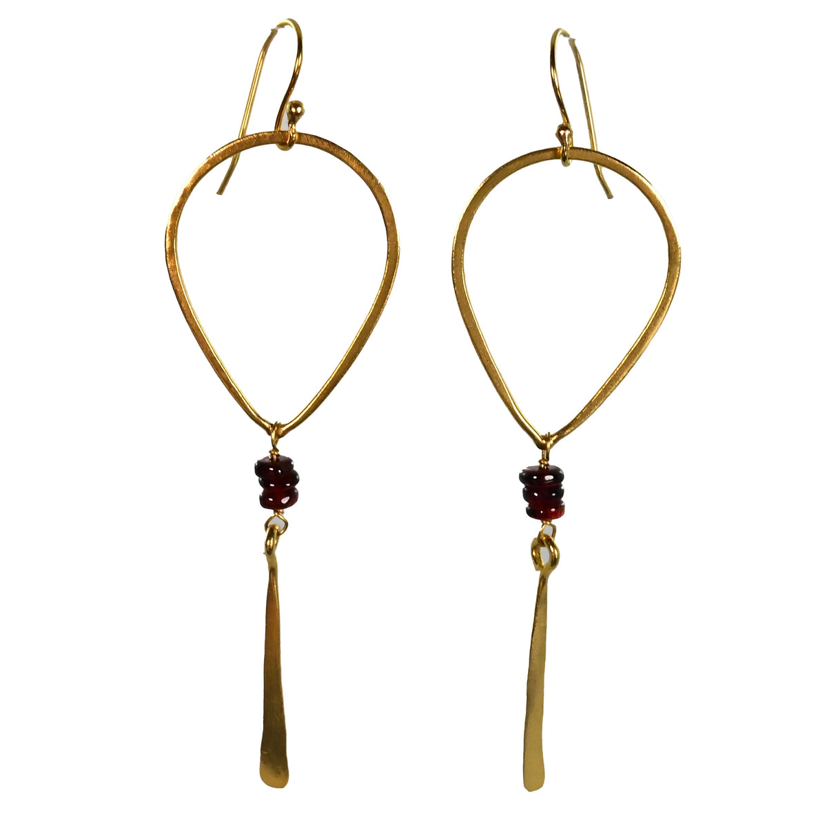 Gold teardrop hoop earrings with wine-red garnet beads and a hammered blade drop