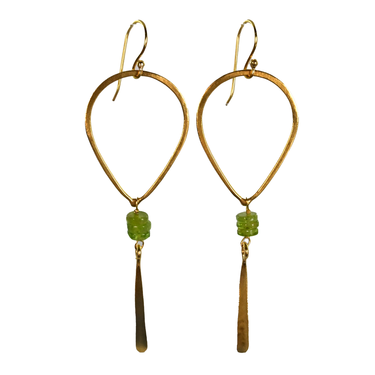 Gold teardrop hoop earrings with olive-green peridot beads and a hammered blade drop