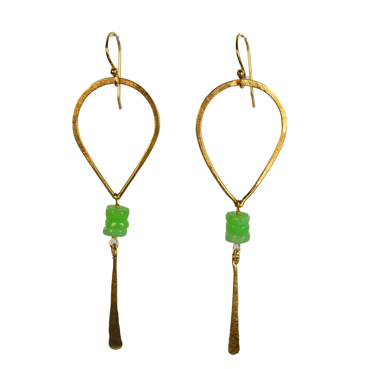 Gold teardrop hoop earrings with apple-green beads and a hammered blade drop