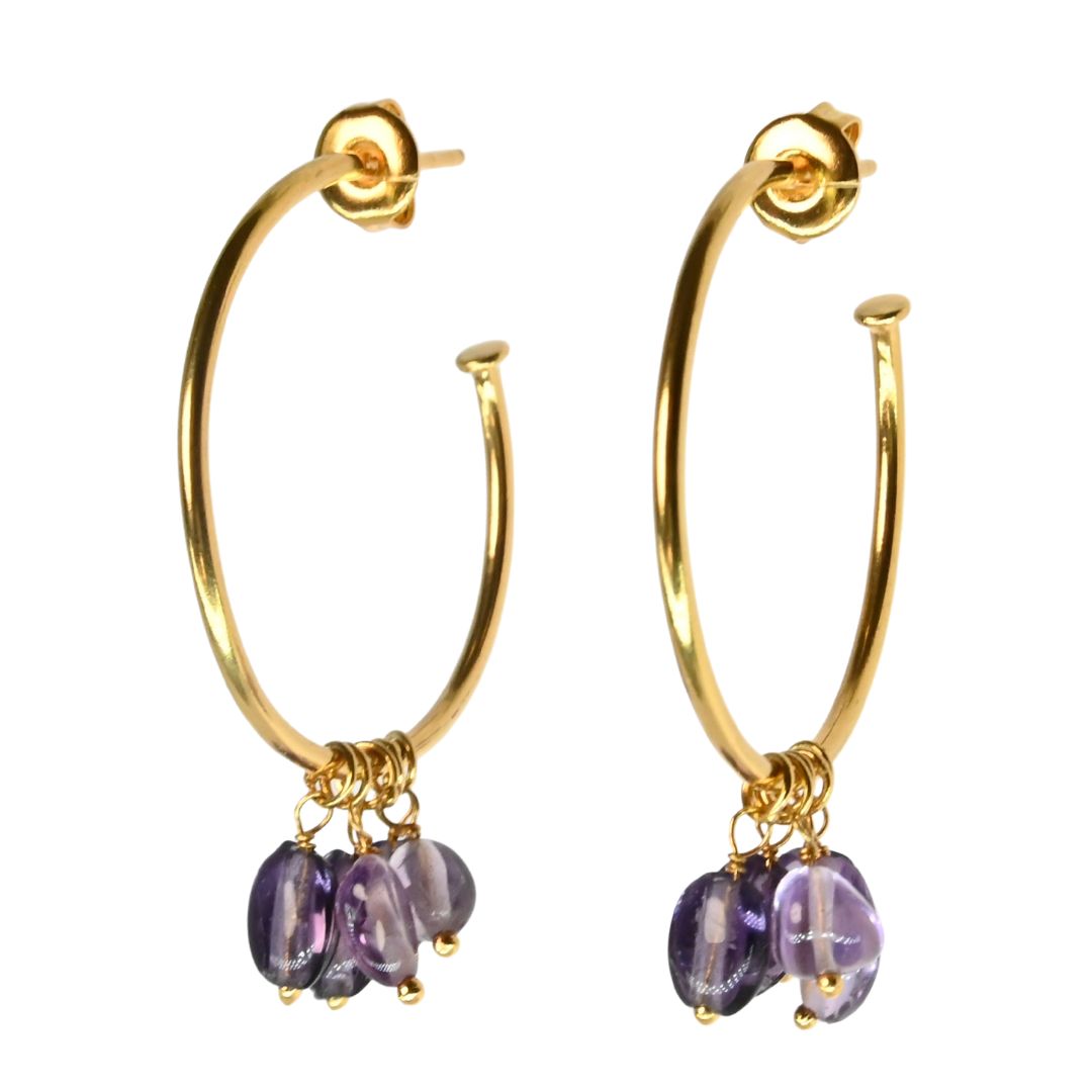 Euro Gold hoop earrings with amethyst-purple gemstone chip drops
