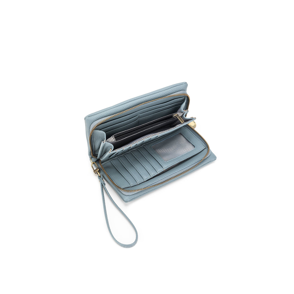The pale blue wallet unzipped, showing card slots, a clear window and a zipped inner pocket.