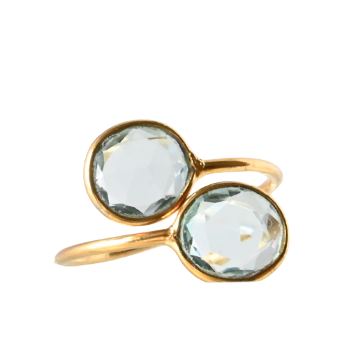 Euro Gold open cuff ring with two pale blue topaz faceted gems